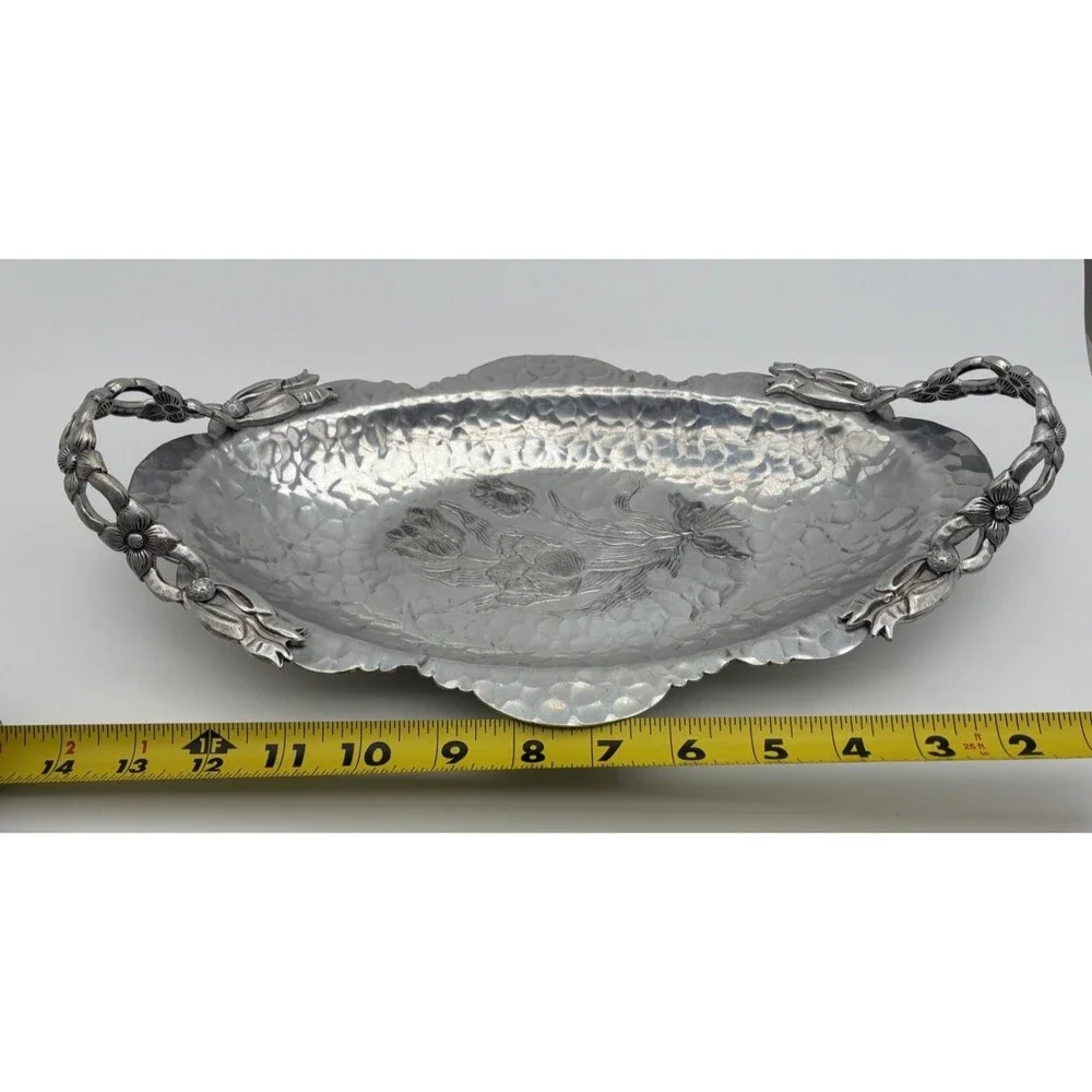 Vintage Rodney Kent Hand Wrought Hammered Aluminum TULIP Oval Tray w Handles 14